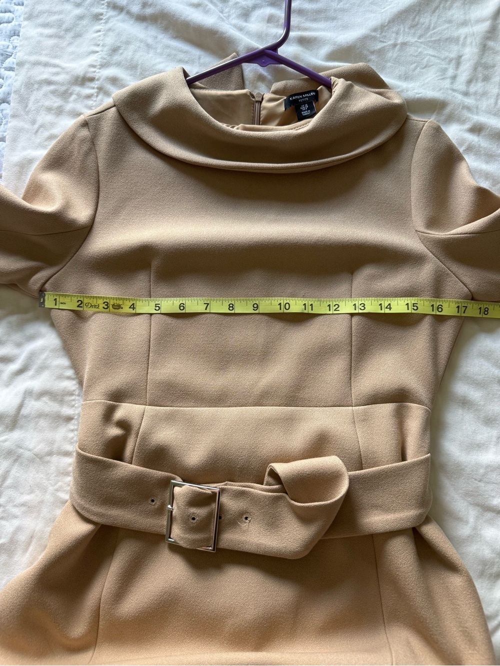 Karen Millen Camel Midi Crepe Structure Dress with Waist Tie 6 Petite - Picture 11 of 11